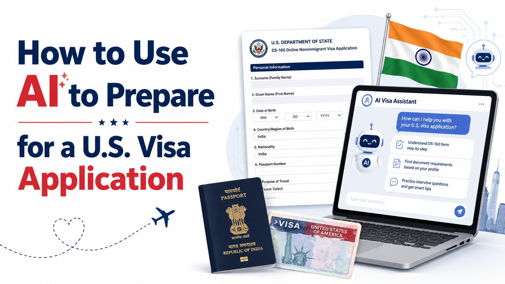 Applicant using an AI assistant to organize DS-160 answers for a U.S. visa application from India